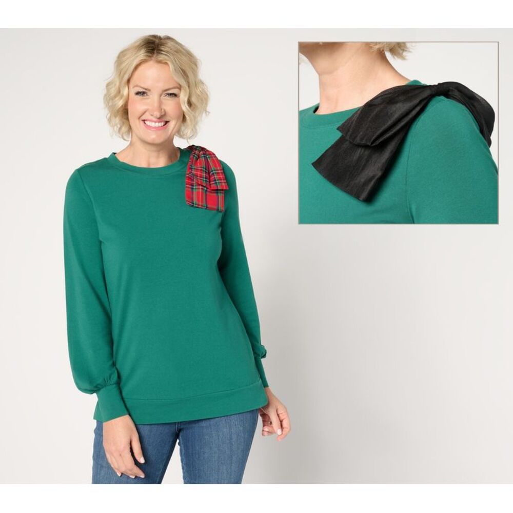 Belle by Kim Gravel Women's Top Sz S TripleLuxe Knit Double Bow Green A690359